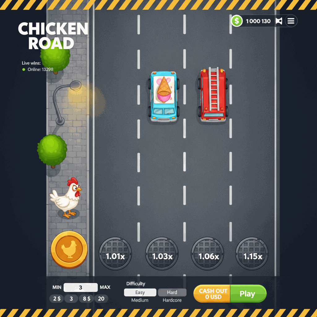 Chicken Road Crash-Spiel von InOut: Ein weißes Cartoon-Huhn mit rotem Kamm überquert eine graue mehrspurige Straße von links nach rechts, während Autos auf den Spuren erscheinen und jede sichere Überquerung den Multiplikator erhöht